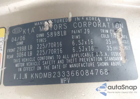 2006 Kia Sedona Ex/Lx из США, поврежденный, VIN KNDMB233366084768